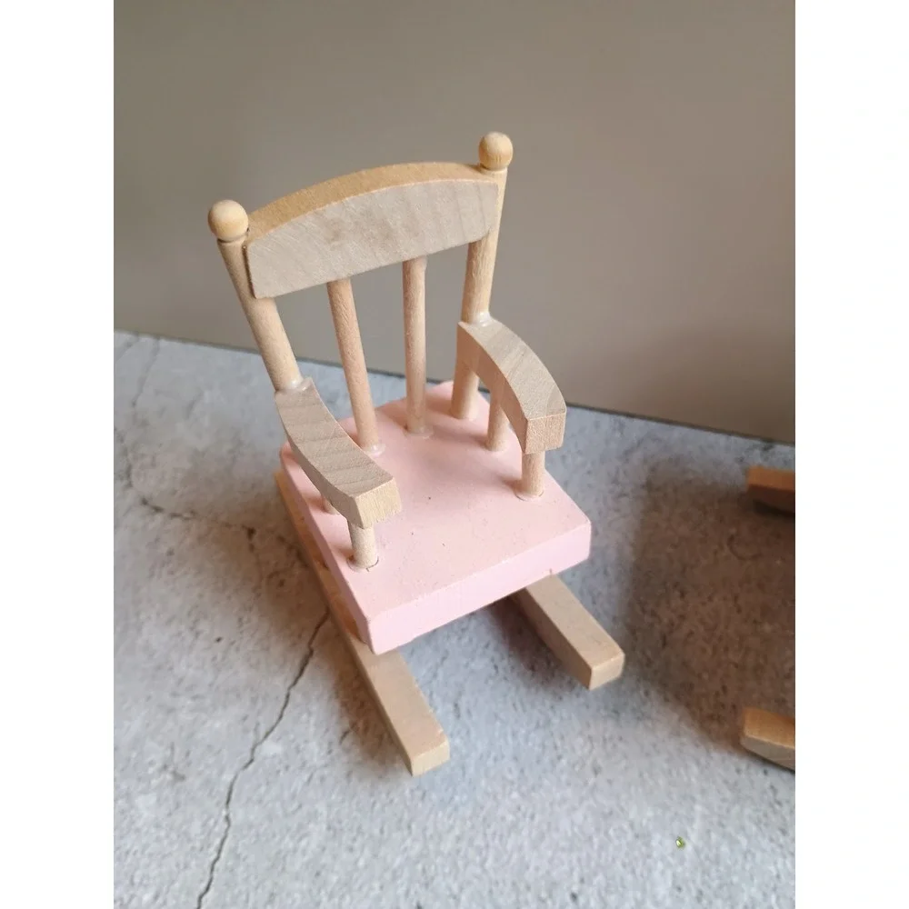 Wood Dollhouse Pink Nursery Set Crib High Chair Rocking Horse Cottage Style